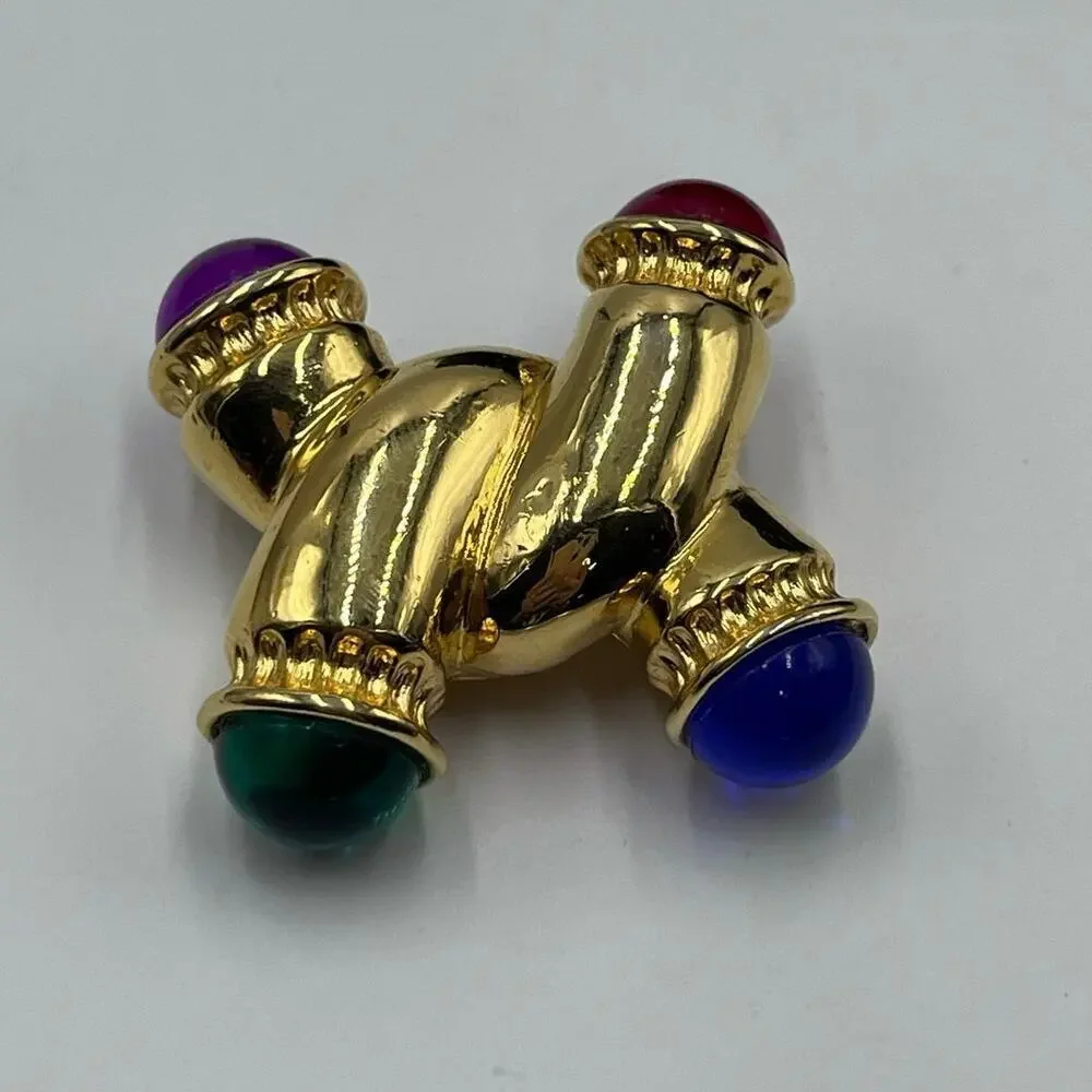 IVANA Signed Vintage Gold W/ Multicolored Cabochons Gripoix Style‎ Brooch
